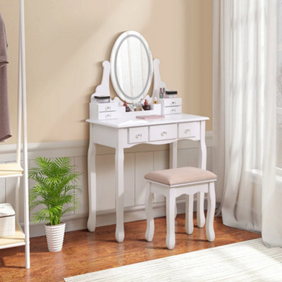 White Makeup Vanity Desk Set with 7 Drawers LED Light Adjustable Mirror and Upholstered Stool