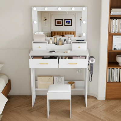 White Makeup Vanity Desk & Stool Set with 9 LED Hollywood Bulbs, Large ...
