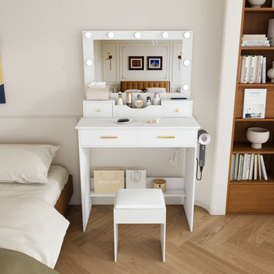 White Makeup Vanity Desk & Stool Set with 9 LED Hollywood Bulbs, Large ...