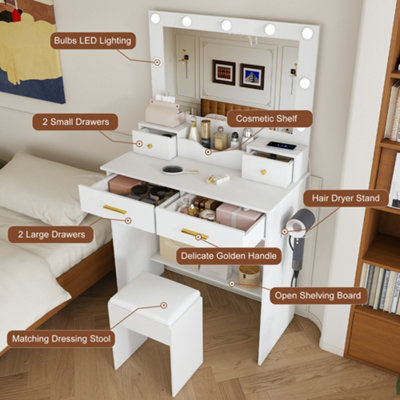 White Makeup Vanity Desk & Stool Set with 9 LED Hollywood Bulbs, Large ...