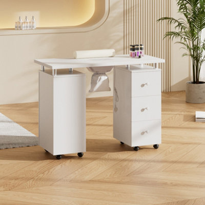 White Manicure Table with Dust Collector, Wrist Cushion, 8 Wheels and Drawers