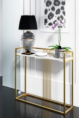 White Marble Effect Polish Console Table with Golden Frame