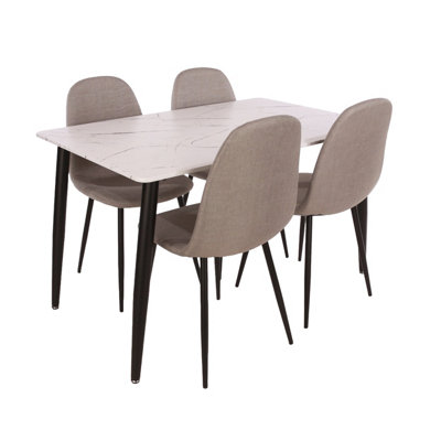 White marble effect Table and four chair set, rectangular table 120cm x 80cm with four grey upholstered chairs