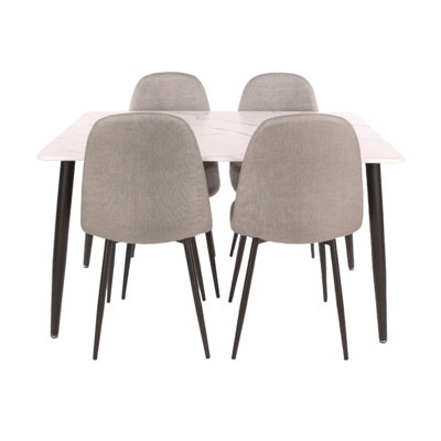 White marble effect Table and four chair set, rectangular table 120cm x 80cm with four grey upholstered chairs