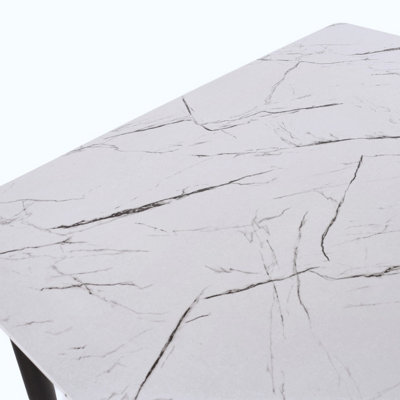 White marble effect Table and four chair set, rectangular table 120cm x 80cm with four grey upholstered chairs
