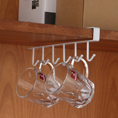 White Metal 6 Hooks Rail Cup Hook Rack Hanging Holder Under Cabinet Closet
