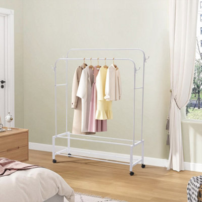 White Metal Double-Rod Freestanding Clothes Rack with Wheels and Shelves