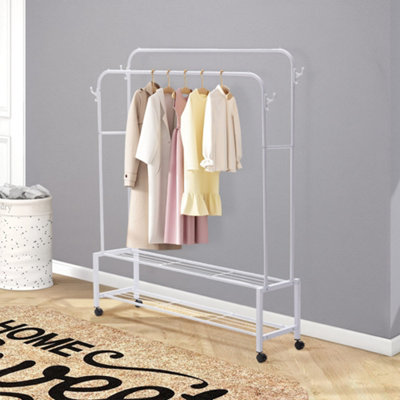 White Metal Double-Rod Freestanding Clothes Rack with Wheels and Shelves