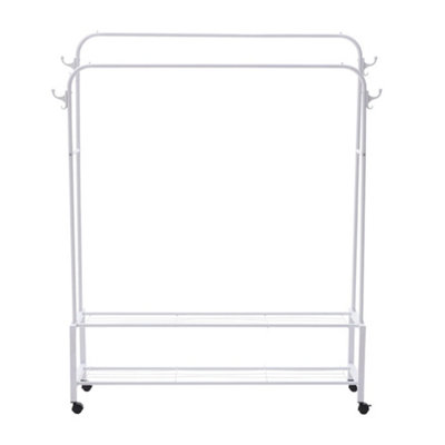White Metal Double-Rod Freestanding Clothes Rack with Wheels and Shelves - 3