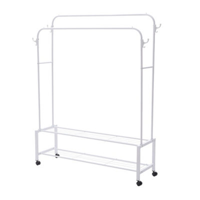 White Metal Double-Rod Freestanding Clothes Rack with Wheels and Shelves - 4