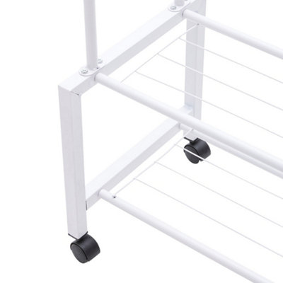 White Metal Double-Rod Freestanding Clothes Rack with Wheels and Shelves - 5