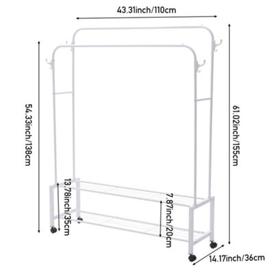 White Metal Double-Rod Freestanding Clothes Rack with Wheels and Shelves - 7