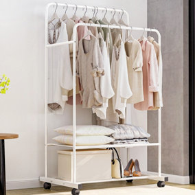 White Metal Heavy Duty Clothes Rail Clothes Rack and Storage Shelf with 4 Castors