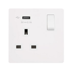 White Metal Screwless Plate 1 Gang 13A DP   1 USB Switched Plug Socket - White Trim - SE Home