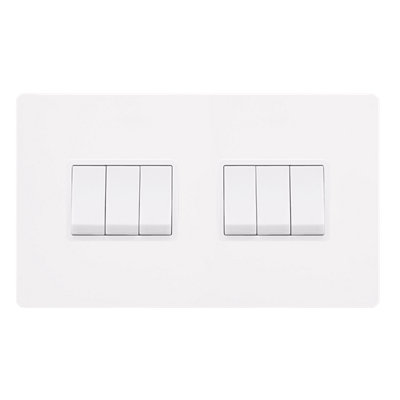 White Metal Screwless Plate 10A 6 Gang 2 Way   Light Switch - White Trim - SE Home