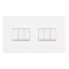 White Metal Screwless Plate 10A 6 Gang 2 Way   Light Switch - White Trim - SE Home