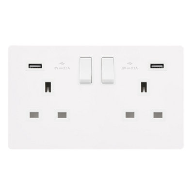 White Metal Screwless Plate 2 Gang 13A DP   2 USB Twin Double Switched Plug Socket - White Trim - SE Home