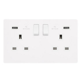 White Metal Screwless Plate 2 Gang 13A DP   2 USB Twin Double Switched Plug Socket - White Trim - SE Home