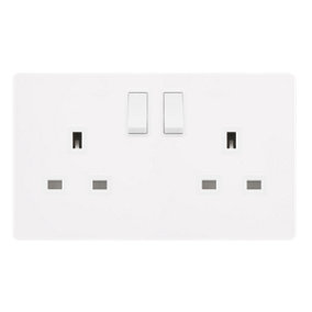 White Metal Screwless Plate 2 Gang 13A DP   Twin Double Switched Plug Socket - White Trim - SE Home