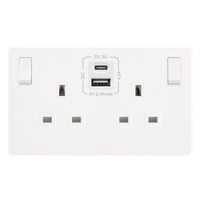 White Metal Screwless Plate 2 Gang 13A DP   Type A & C USB Twin Double Switched Plug Socket - White Trim - SE Home