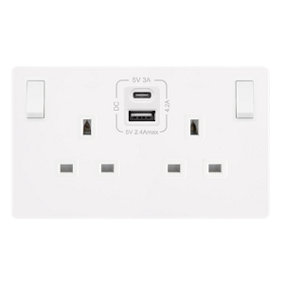 White Metal Screwless Plate 2 Gang 13A DP   Type A & C USB Twin Double Switched Plug Socket - White Trim - SE Home