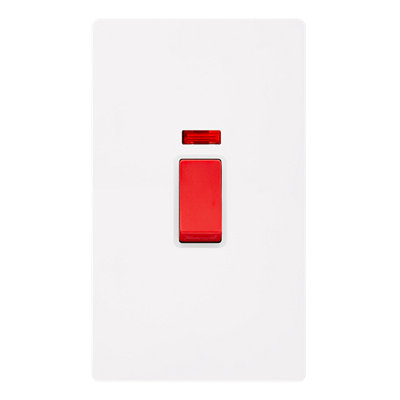 White Metal Screwless Plate 2 Gang   Size 45A Switch With Neon - White Trim - SE Home
