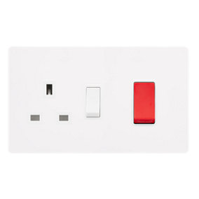White Metal Screwless Plate Cooker Control   45A With 13A Switched Plug Socket - White Trim - SE Home