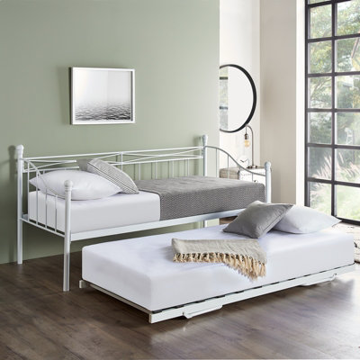 White Metal Single Trundle Bed Frame With Pull Out Day Bed