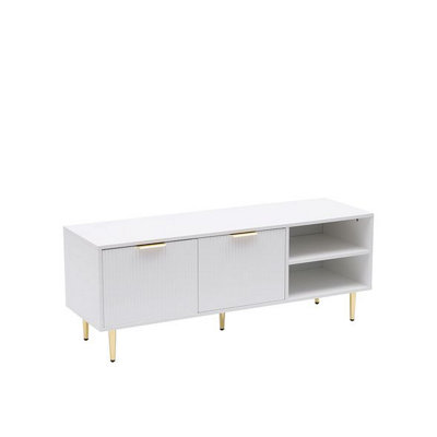 White MMT TV Stand, TV Stand Cabinet with Fluted Ribbed Gloss Doors and ...