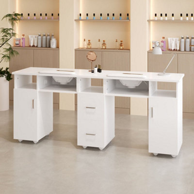 White Mobile Double Manicure Table with Built-in Dust Collectors and Drawers 178cm(W) x 79cm(H)