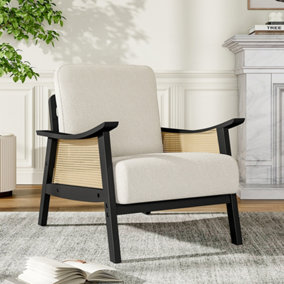 White Modern Accent Armchair with Wood Frame Upholstered Rattan Arms Chair