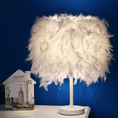 White Modern Feather Shade Bedside Table Lamp with Metal Base 25 x 35CM