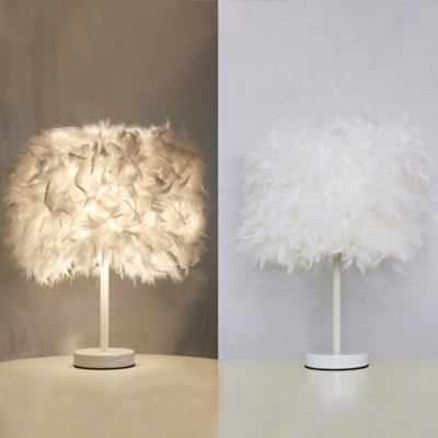 White Modern Feather Shade Bedside Table Lamp with Metal Base 25 x 35CM
