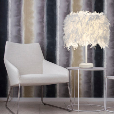 White Modern Feather Shade Bedside Table Lamp with Metal Base 25 x 35CM
