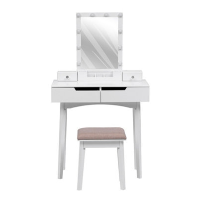 White Modern Makeup Desk Set with 4 Drawers LED Light Mirror and Stool