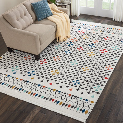 White Modern Shaggy Moroccan Geometric Dining Room Bedroom & Living Room Rug-119cm X 180cm