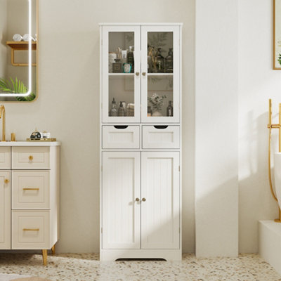 White Modern Tall Storage Cabinet with Glass Door and Drawers  170cm H