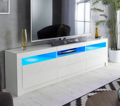 White Modern TV Stand Cabinet Gloss Matt Unit with LED Lights with Drawer for up to 90 inch TV s 200cm