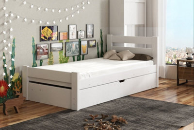 White Nela Single Bed with Storage and Foam Bonnell Mattress - Sleek & Space-Efficient (H670mm W1980mm D970mm)