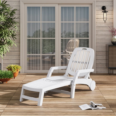 White Outdoor Foldable Sun Lounger with Adjustable Back Plastic Reclining Garden Sun Bed