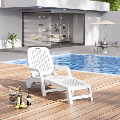 White Outdoor Foldable Sun Lounger with Adjustable Back Plastic Reclining Garden Sun Bed