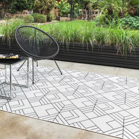 White Outdoor Rug, Geometric Stain-Resistant Rug For Patio Garden Balcony, 4mm Modern Outdoor Area Rug-120cm X 170cm