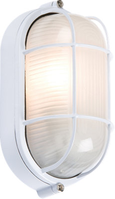 White Oval Bulkhead with Wire Guard and Glass Diffuser 60Watt Rated IP54