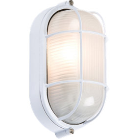 White Oval Bulkhead with Wire Guard and Glass Diffuser 60Watt Rated IP54