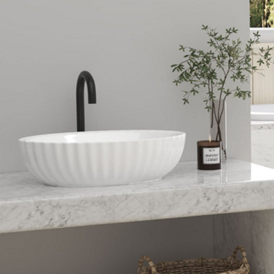 White Oval Ceramic Bathroom Counter Top Basin Sink W 480mm x D 320mm