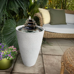 White Panerea Vase Water Feature Fountain with Bronze Tiered Cascade & Sea Glass Pebbles