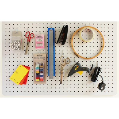 White Pegboard with 12 Hooks - Wall Mounted Tool or Accessories Storage Organiser for Home or Garage - Measures 36 x 56cm