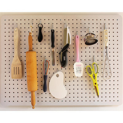 White Pegboard with 12 Hooks - Wall Mounted Tool or Accessories Storage Organiser for Home or Garage - Measures 56 x 76cm