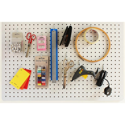 White Pegboard with 12 Hooks - Wall Mounted Tool or Accessories Storage Organiser for Home or Garage - Measures 56 x 76cm