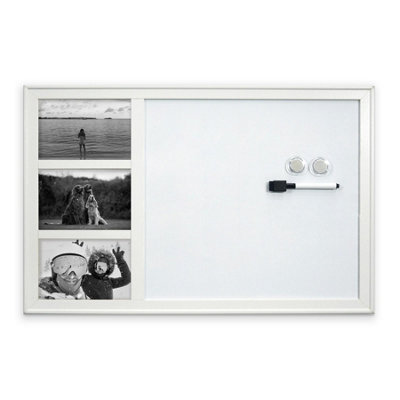 White Photo Frame Magnetic Dry Erase Board - Wall Mounted Whiteboard with Integrated Picture Frames - H38 x W58.5cm